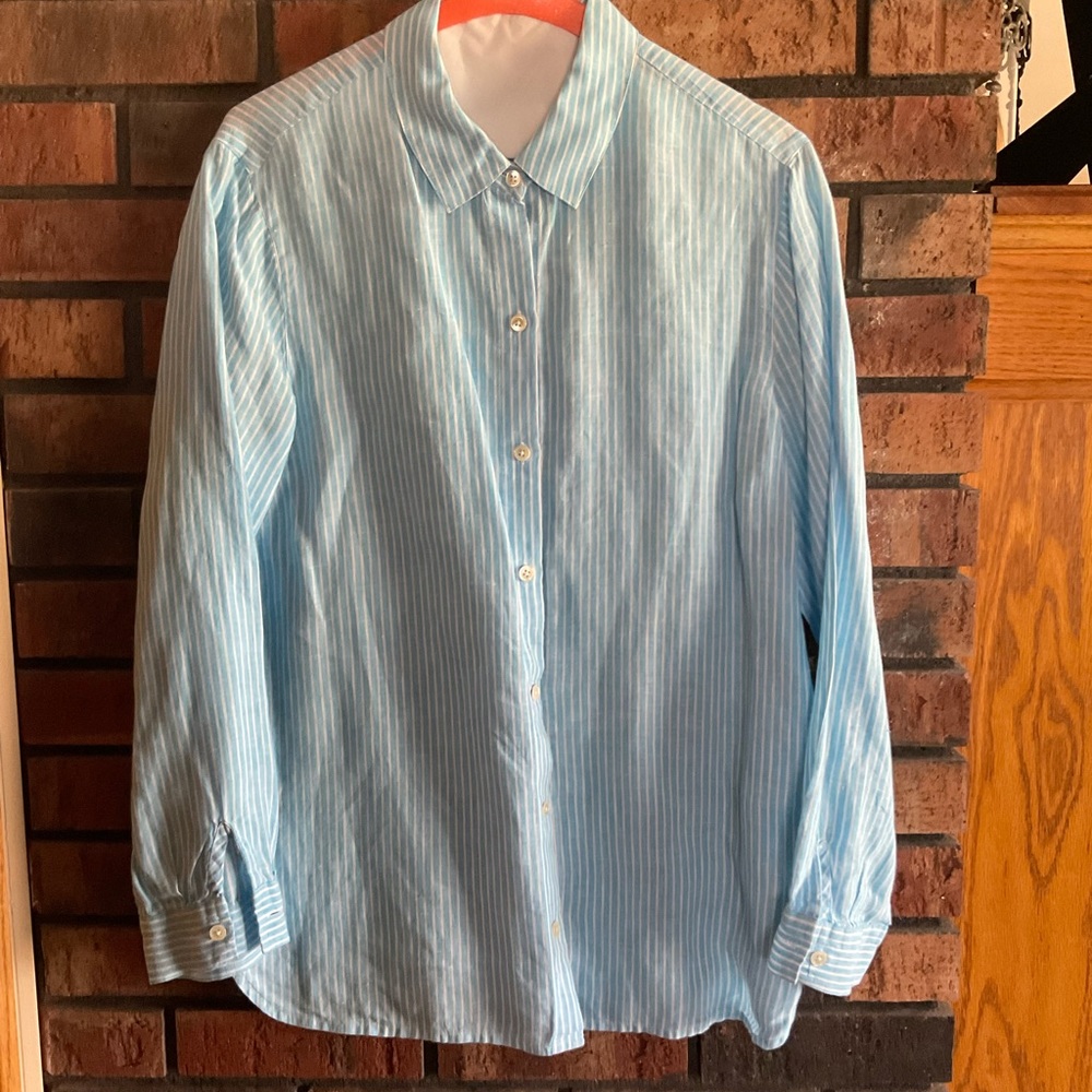 J Jill linen stripped oversized shirt in white and aqua stripes.